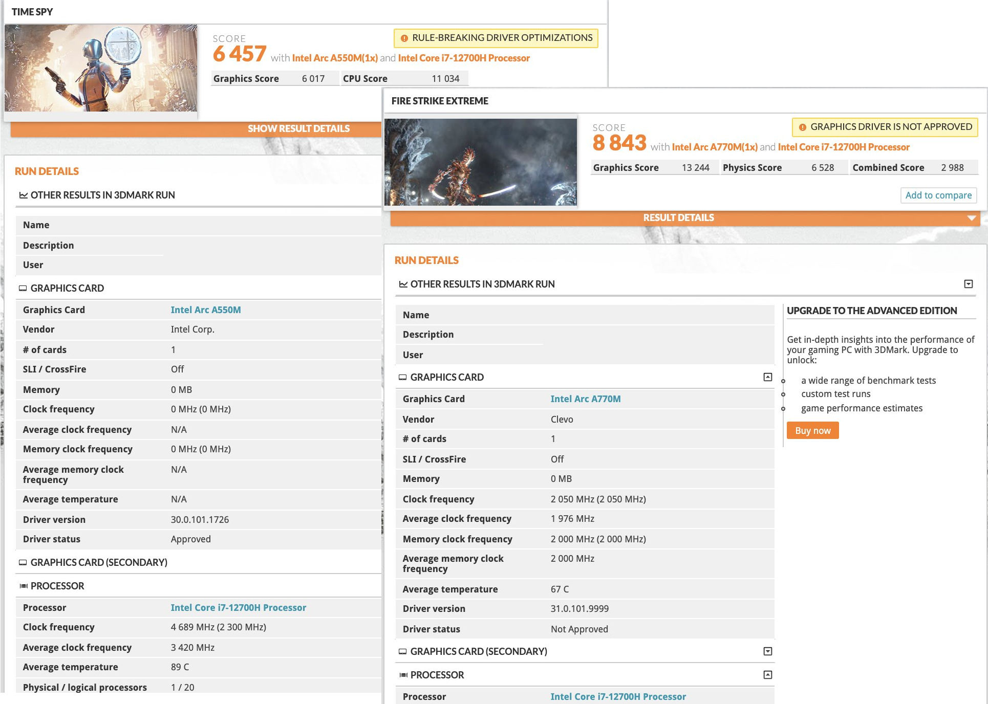Intel Arc A770M and A550M mobile graphics cards made their first mark in 3DMark test - the senior showed RTX 3070 level