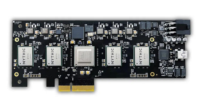  PCIe-плата расширения Mythic MP10304 Quad-AMP с четырьмя аналоговыми матричными процессорами: потенциальная производительность на задачах ИИ — до 100 трлн операций в секунду, энергопотребление — до 25 Вт (источник: Mythic) 