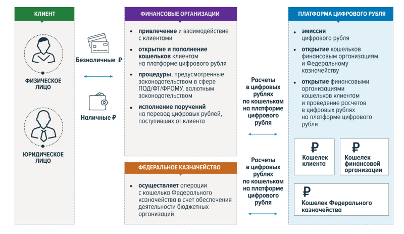 Более детальная схема обращения цифрового рубля, демонстрирующая особую роль Федерального казначейства по обеспечению деятельности бюджетных организаций (источник: Банк России) 