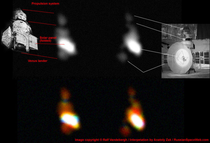  Наземный снимок «Космоса-482», сделанный астрофотографом Ральфом Вандебергом, и его сопоставление с устройством станции “Внера-8” 
