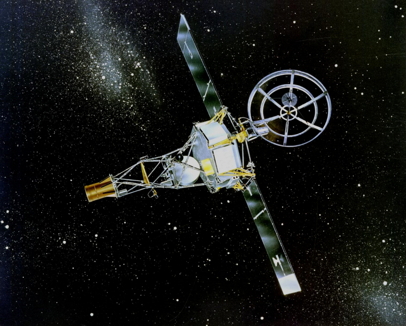  Хотя художник изобразил Mariner 1 летящим меж звёзд, через 290 с после старта ракета-носитель с этим аппаратом была подорвана по команде с Земли (источник: NASA) 