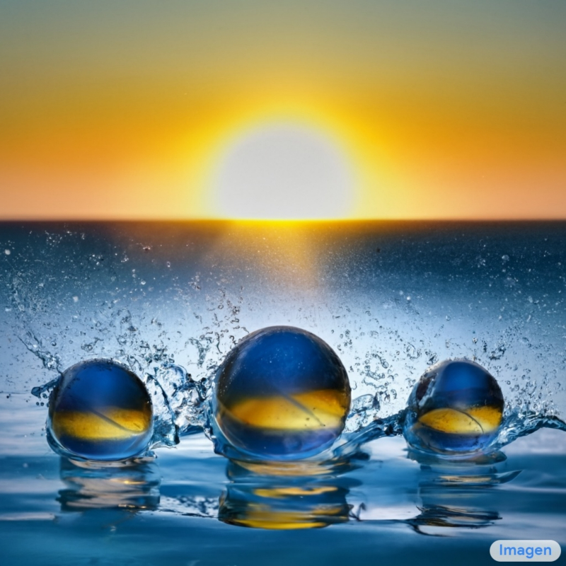  Изображение, сгенерированное нейросетью Imagen с использованием в качестве ввода фразы «Three spheres made of glass falling into ocean. Water is splashing. Sun is setting» (источник: Google) 