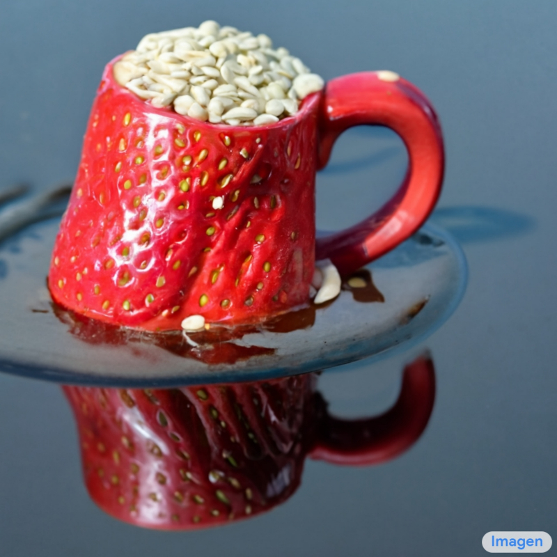  Изображение, сгенерированное нейросетью Imagen с использованием в качестве ввода фразы «A strawberry mug filled with white sesame seeds. The mug is floating in a dark chocolate sea» (источник: Google) 
