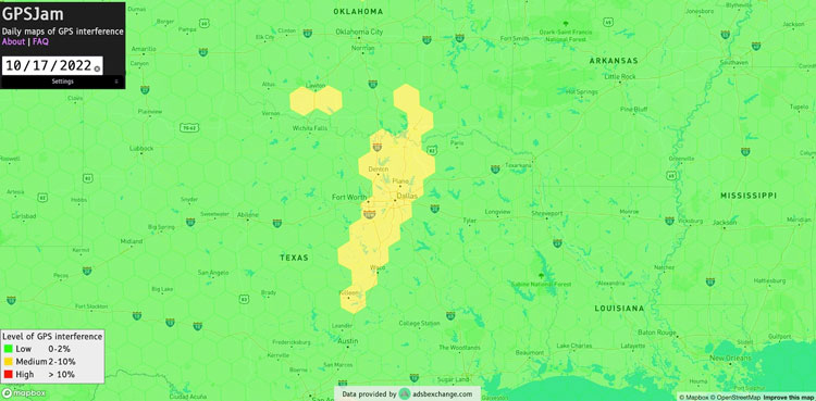  Карта помех GPS в Техасе на момент происшествия. Источник изображения: GPSjam.org 