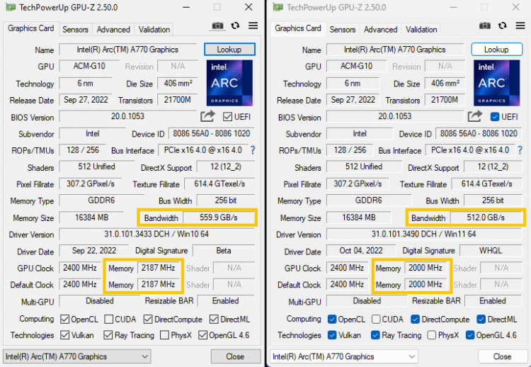  Видеокарты Intel Arc A770 16GB с памятью 17,5 и 16 Гбит/c. Источник изображения: TechPowerUP/Github 
