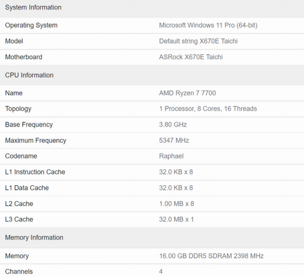  Спецификации AMD Ryzen 7 7700. Источник изображения: Geekbench 