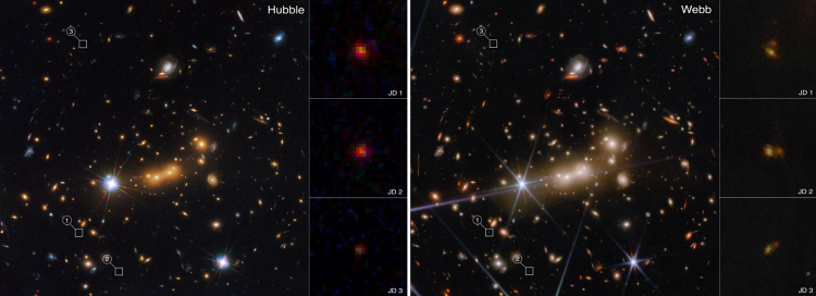  Сравнение фотографий с телескопов «Хаббл» (слева) и «Джеймс Уэбб» (справа) 