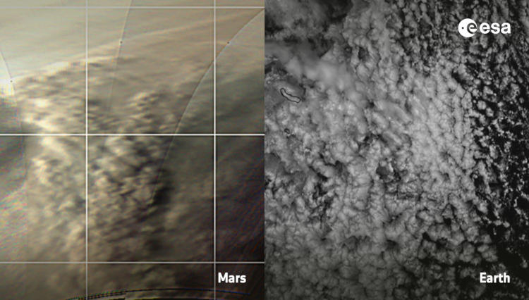  Облачные узоры на Марсе (слева) и на Земле (справа) 