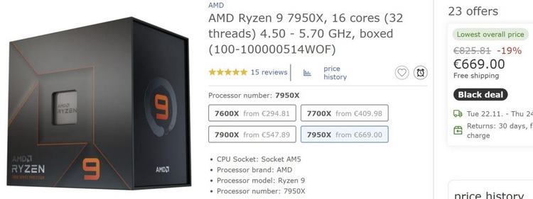  Стоимость AMD Ryzen 9 7950X в Европе. Источник изображения: Check24 
