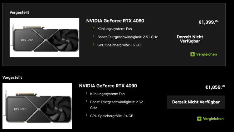  Цены на видеокарты GeForce RTX 4090 и RTX 4080 в немецком магазине NVIDIA 