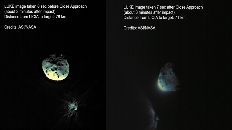  Изображения с кубсата примерно через 3 мин после столкновения (нажмите, чтобы увеличить). Источник изображения: ASA/NASA 