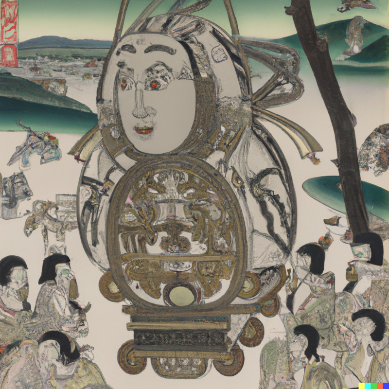  Люди приветствуют благоволящий им искусственный интеллект; изображение в стилистике японской гравюры укиё-э, нейросетевая генерация (источник: DALL-E 2) 