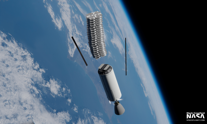  Момент отделения спутников Starlink от последней ступени ракеты-носителя Falcon 9. Источник https://www.nasaspaceflight.com/2022/02/starlink-geostorm/ 