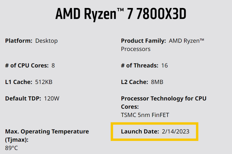  Дата релиза AMD Ryzen 7 7800X3D. Источник изображения: AMD 