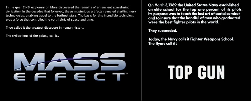     Comparaison des intros de Mass Effect et Top Gun (source de l'image : Snizabelle) 