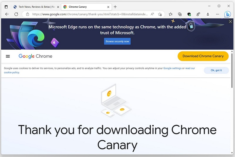 Microsoft начала рекламировать Edge прямо на странице загрузки Google Chrome
