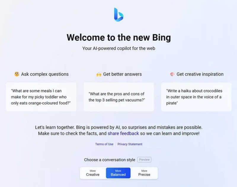 Теперь для ИИ-бота в Bing можно выбрать креативный, сбалансированный или точный режим ответов