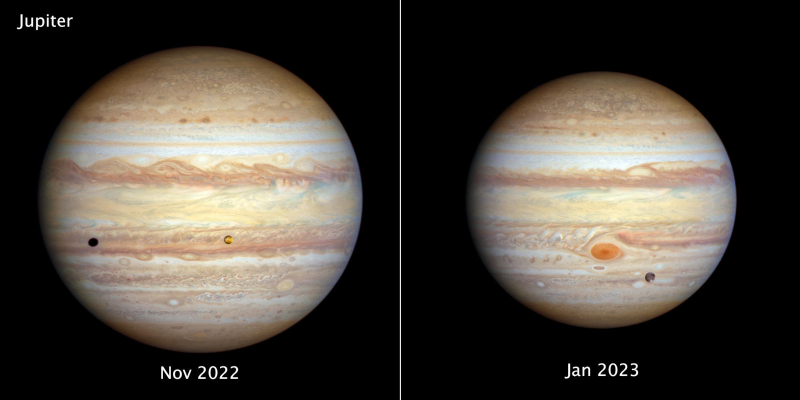 Юпитер в ноябре 2022 (слева) и в январе 2023 (справа) гг. На левом снимке — пролёт спутника Ио, на правом — Ганимеда 