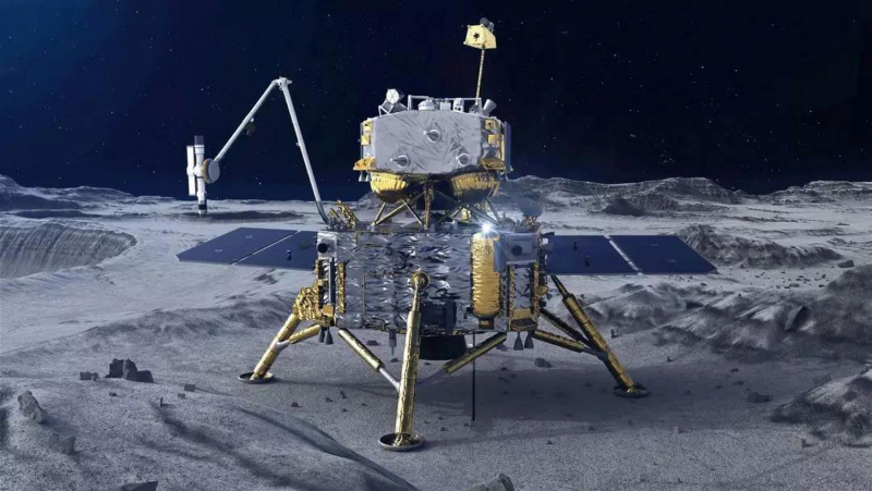  Посадочный модуль станции «Чанъэ-5» собирает образцы лунного грунта для поставки их на Землю. Источник https://orientalreview.org/2021/03/17/china-russia-team-up-for-final-frontier/ 