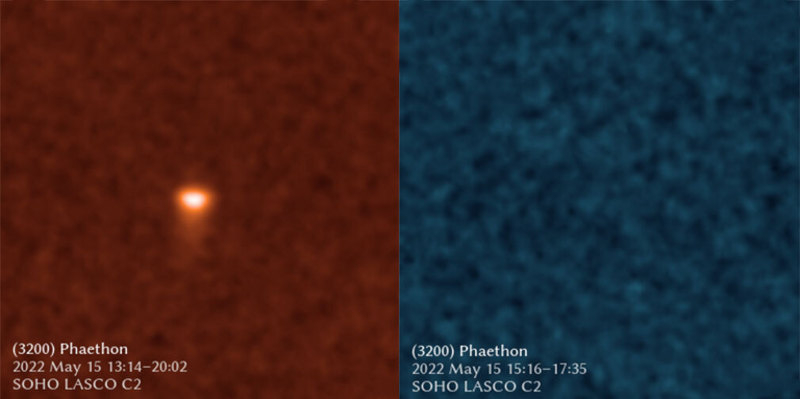  Снимки Фаэтона с использованием «натриевого» (слева) и «пылевого» (справа) фильтров космической обсерватории SOHO. На первом он отчётливо различим, а на втором совсем не виден. 
