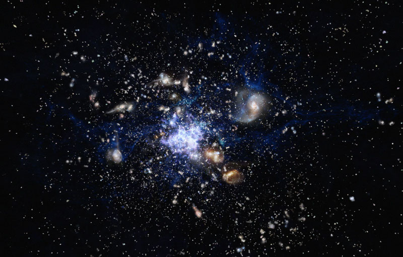  Художественное изображение формирования скопления галактик в ранней Вселенной. Источник изображения: ESO/M. Kornmesser 
