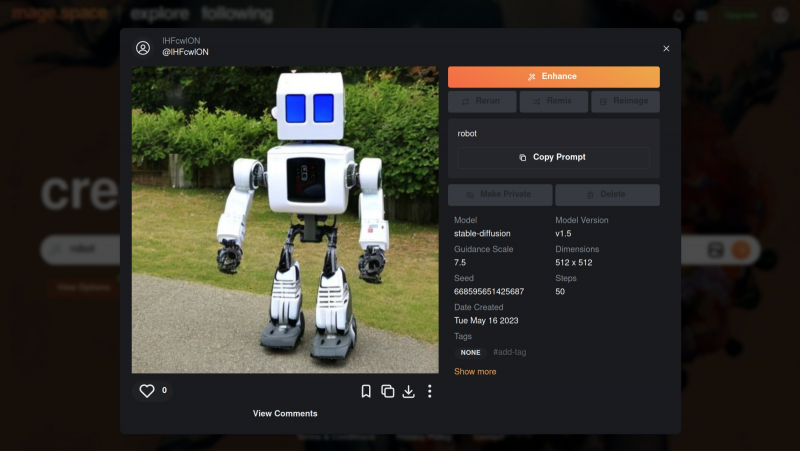  А такое изображение робота — предел возможностей для бесплатных и анонимных посетителей mage.space (источник: скриншот сайта mage.space) 