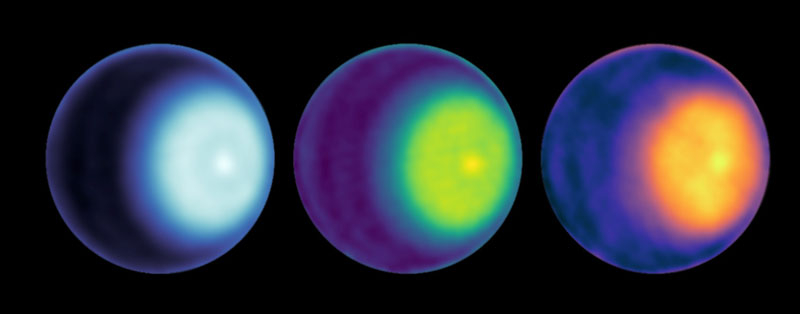  Циклон над северным полюсом Урана в трёх разных диапазонах частот. Источник изображения: NASA/JPL-Caltech/VLA 