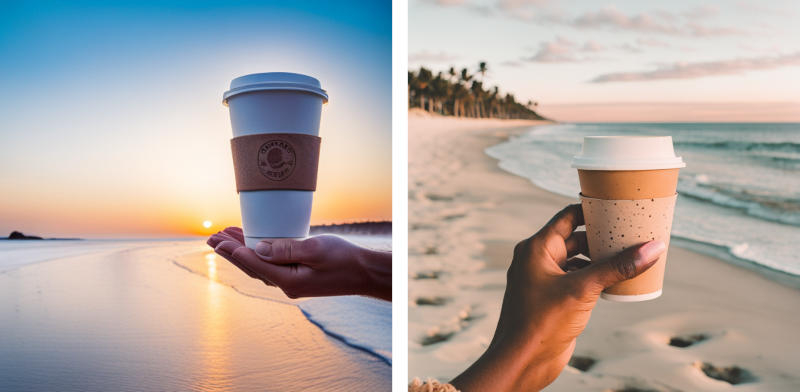  «Рука с маникюром держит кофе навынос, рассвет в пастельных тонах, пляж, *** и плёночная фотография» 