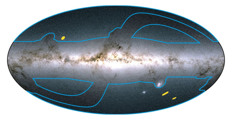  Синим очерчено обзорное поле наблюдения «Евклидом», жёлтым — поля глубоких обзоров. Всё это на фоне изображения, полученного телескопом «Гайя» 