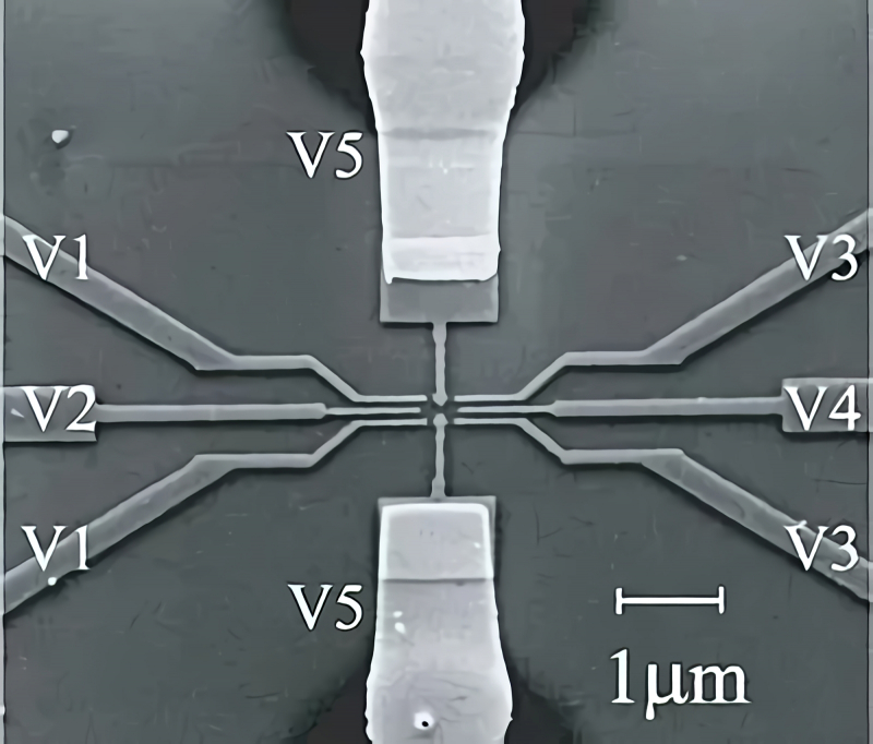  Микрофотография (приведён масштабный отрезок длиной в 1 мкм = 1000 нм) рабочей зоны экспериментальной установки с парой полупроводниковых квантовых точек (источник: Duke University) 