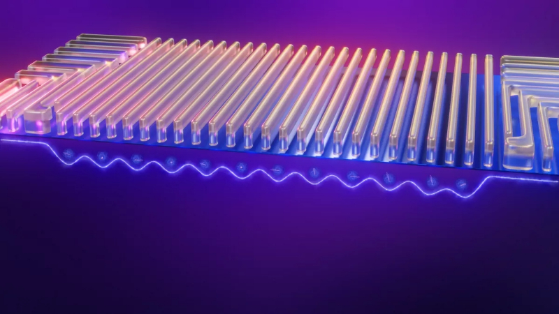  Художественное изображение двенадцати электронов, сидящих в потенциальных ямах под поверхностью полупроводниковой основы чипа Tunnel Falls, — собственно, квантовых точек этой вычислительной системы. Разнонаправленные тонкие светлые чёрточки на кружках-электронах символизируют мгновенные состояния их спинов (источник: Intel) 
