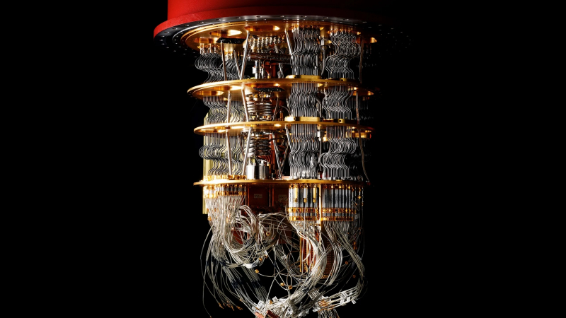  Криостат в лаборатории квантовых вычислений Google в Санта-Барбаре, штат Калифорния, поддерживает рабочую температуру квантового процессора вблизи абсолютного нуля (источник: Google) 