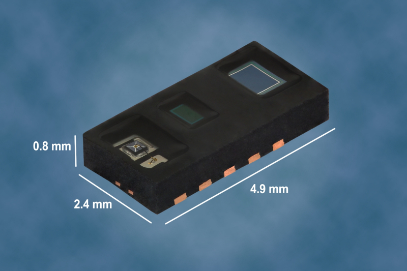  Один из типичных пульсоксиметрических биосенсоров, встраиваемых в носимые (чаще всего назапястные) гаджеты, содержит ИК-излучатель и датчик рассеянного освещения, 16-разрядный контроллер и цифровой интерфейс I²C (источник: Rutronik GmbH) 