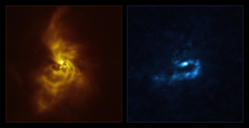  Слева - изображение с VLT, справа - с ALMA 
