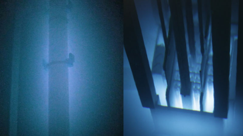  Слева изображение черенковского свечения в процессе термоядерной реакции, справа - при работе обычного ядерного реактора. (Изображение: Источник изображения: БЛЕСК 