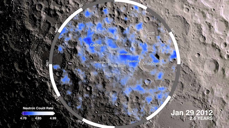  Зонд LRO подтвердил наличие больших концентраций водяного льда (до 5% общей массы) в некоторых местах Луны. Фото NASA https://www.youtube.com/watch?v=qYW4rTrAA5I 
