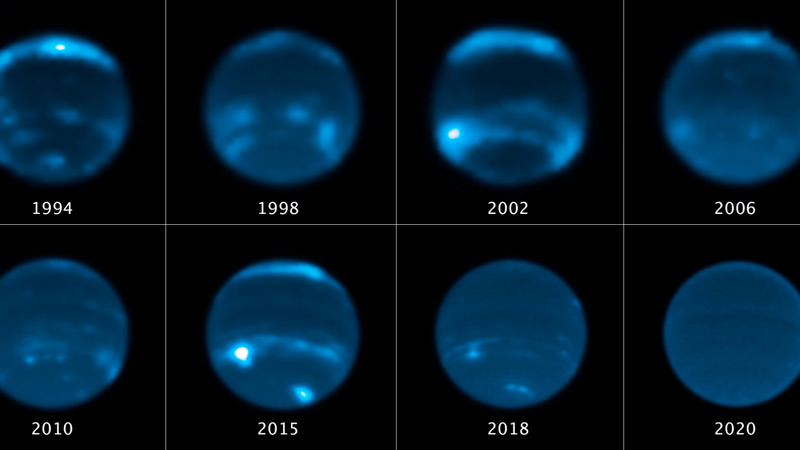  Облачный покров на Нептуне в разные годы (нажмите для увеличения). Источник изображения: NASA / ESA / Erandi Chavez, UC Berkeley / Imke de Pater, UC Berkeley. 