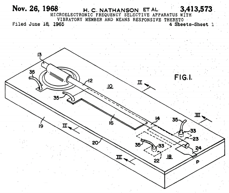  Схема первого в мире MEMS-устройства, тюнера для микроэлектронного радио — которое ещё не предполагалось изготавливать литографическим способом, — из описания патента, выданного Харви Натансону (источник: Wikimedia Commons) 