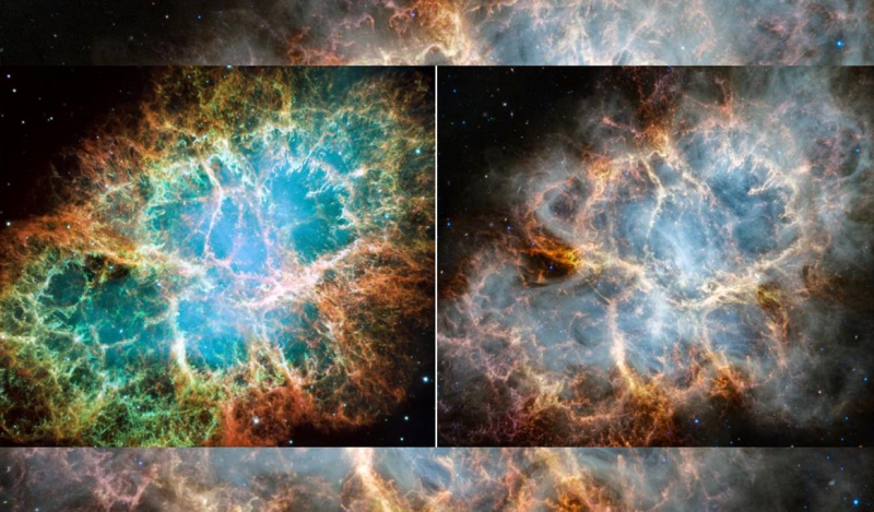  Сравнение Крабовидной туманности в оптическом и инфракрасном (справа) диапазонах / Источник изображения: NASA 