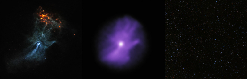  Снимки туманности MSH 15-52, полученные телескопами «Чандра» (слева), IXPE (в центре) и в инфракрасном диапазоне (справа) 