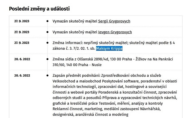 Скриншот из чешского реестра (источник изображения: Penize.cz) 
