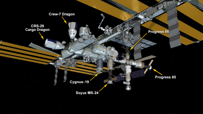  Схема международной космической станции по состоянию на начало декабря 2023 года. Пристыкован американские грузовые корабли Cargo Dragon SpX-29 иCygnus NG-19, пилотируемый Crew-7 Dragon, российские грузовые корабли «Прогресс МС-24» и «Прогресс МС-25», пилотируемый корабль «Союз МС-24». Графика NASA 