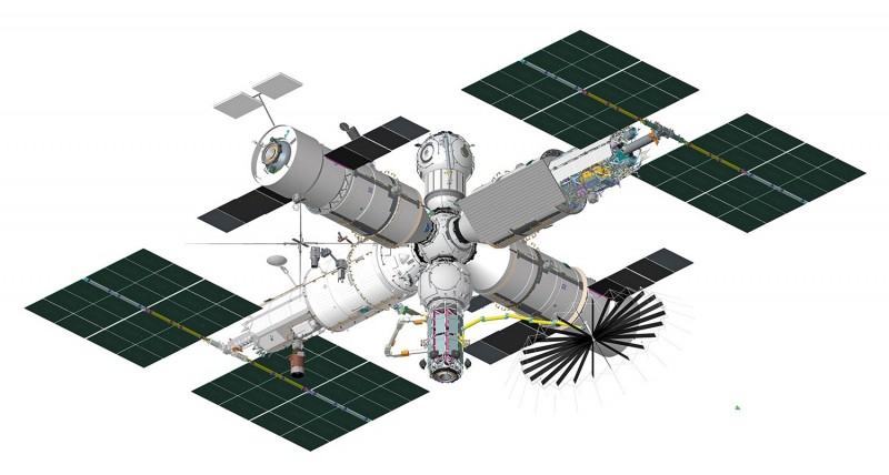  Один из вариантов полностью развернутой станции РОС (рисунок из журнала «Русский космос», https://www.roscosmos.ru/38020/) 
