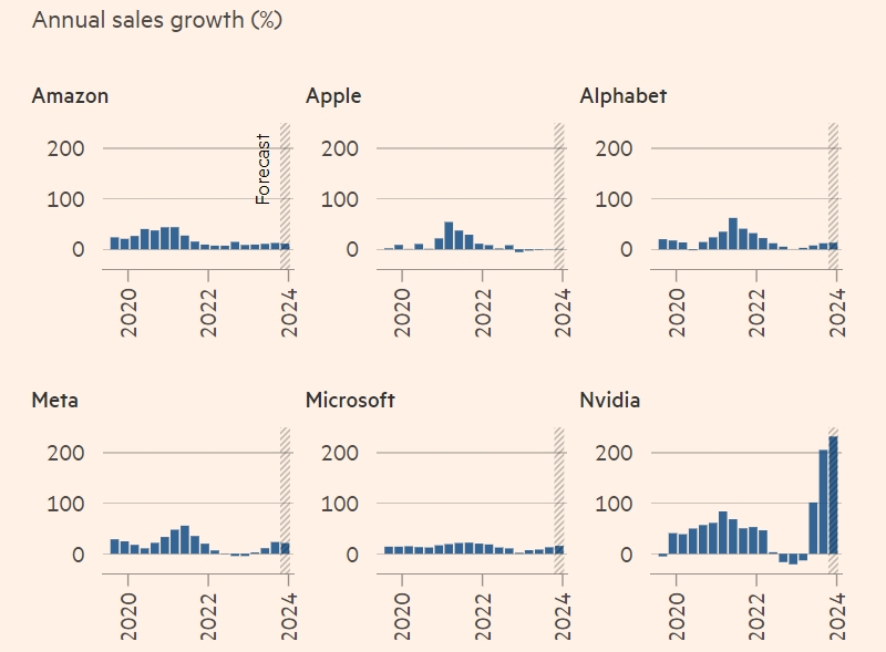  Годовой рост продаж компаний из «великолепной семёрки» / Источник изображения: FactSet 