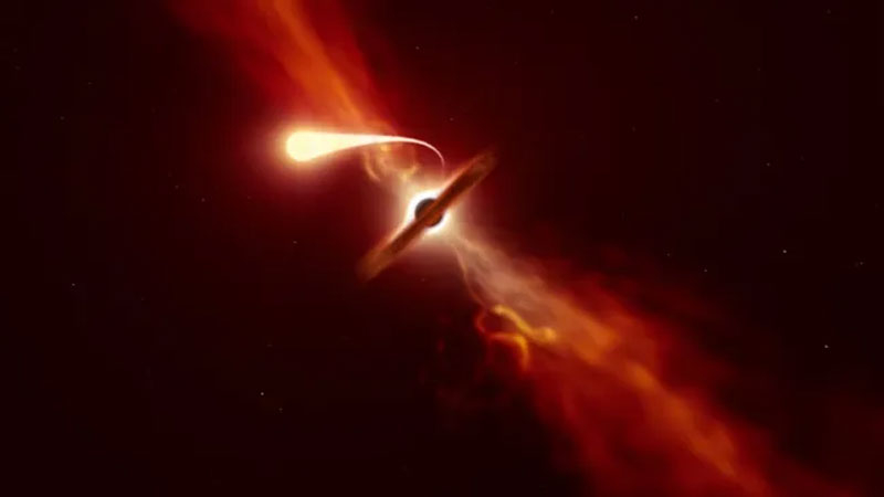  Приливное разрушение звезды чёрной дырой в представлении художника. Источник изображения: ESO/M. Kornmesser 