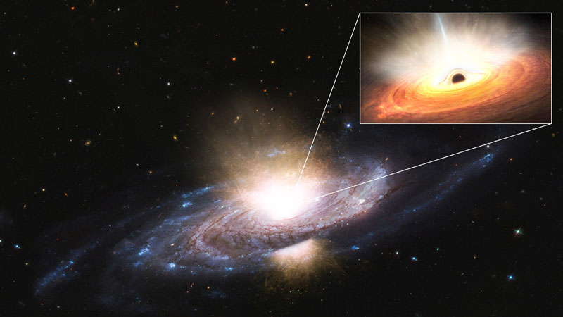  Художетсвенное представление чёрной дыры в центре галактики, испускающей ветер из заряженных частиц. Источник изображения: ESA / CC BY-SA 3.0 IGO 
