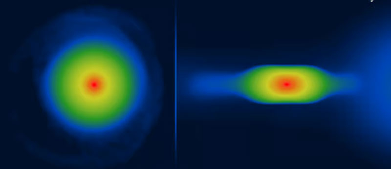  Моделирование про топланеты, формирующейся методом нестабильного диска. Вид спереди (слева) и сбоку (справа). Источник изображения: UCLan 