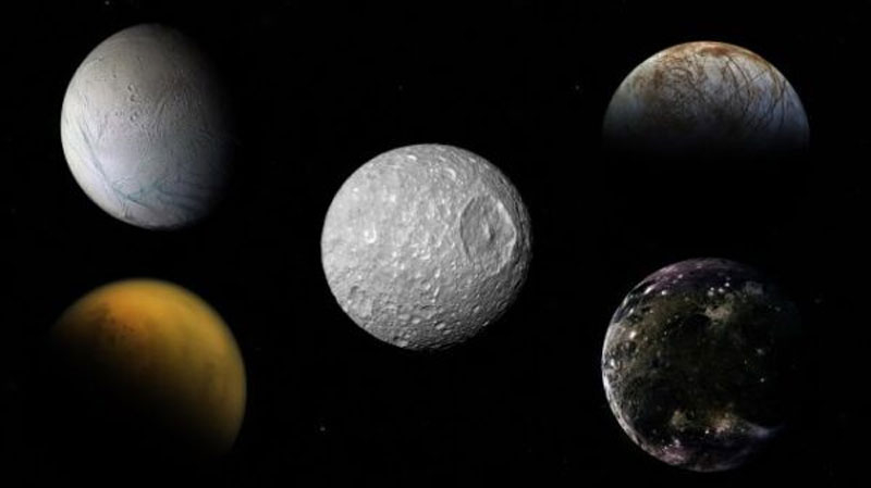  По часовой стрелке слева вверху: Энцелад, Европа, Ганимед и Титан. В центре — Мимас. Источник изображения: Observatoire de Paris 