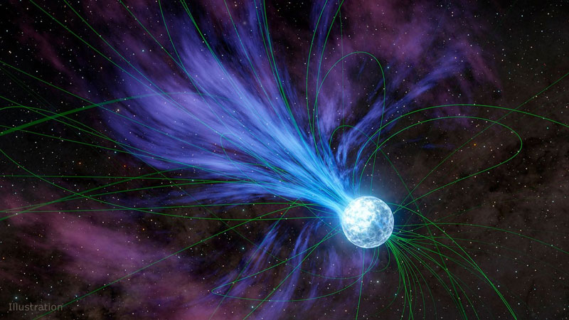 Художественное представление выброса вещества из нейтронной звезды (линии магнитного поля показаны зелёным). Источник изображения: NASA/JPL-Caltech 