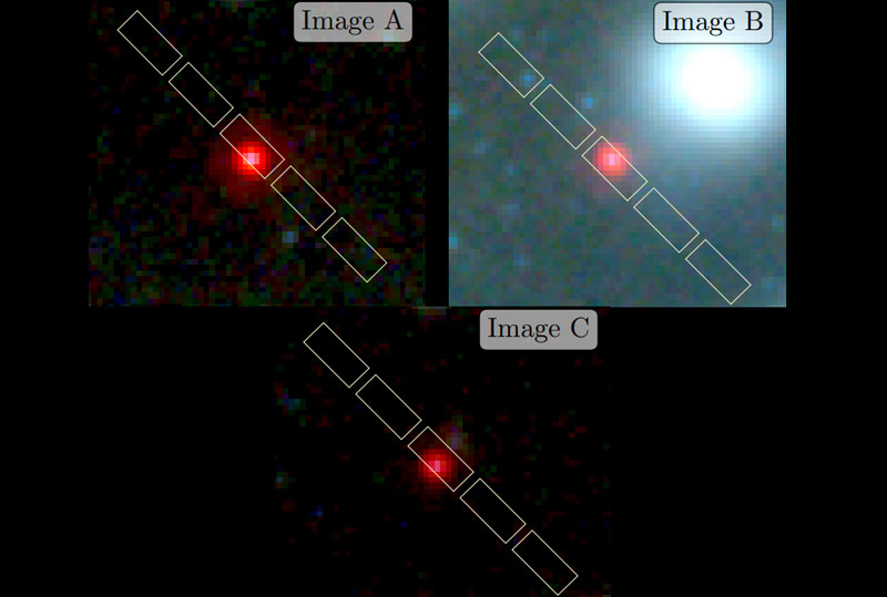  Три изображения A2744-QSO1, полученные «Уэббом». Источник изображения: Lukas J. Furtak et al. / Nature, 2024 